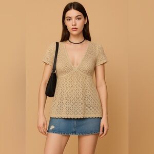 Metro 7 Natural Beige Crochet Baby Doll Sweater Women's XL Boho Top